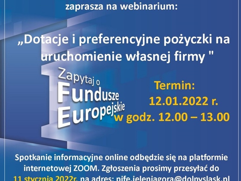 Plakat - Dotacje i preferencyjne pożyczki na uruchomienie własnej firmy.