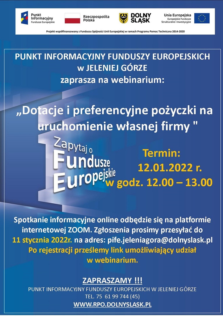 Plakat - Dotacje i preferencyjne pożyczki na uruchomienie własnej firmy.