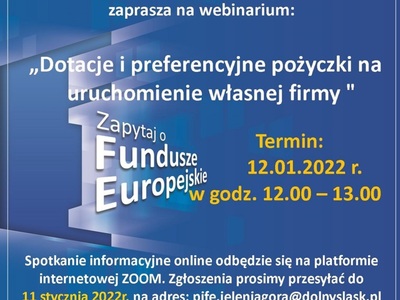 Plakat - Dotacje i preferencyjne pożyczki na uruchomienie własnej firmy.