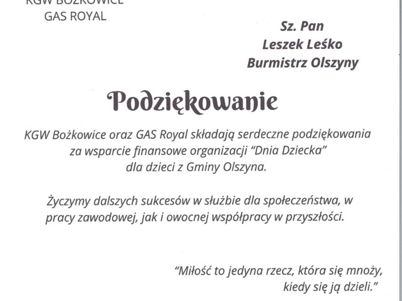 podziękowanie od KGW Bożkowice
