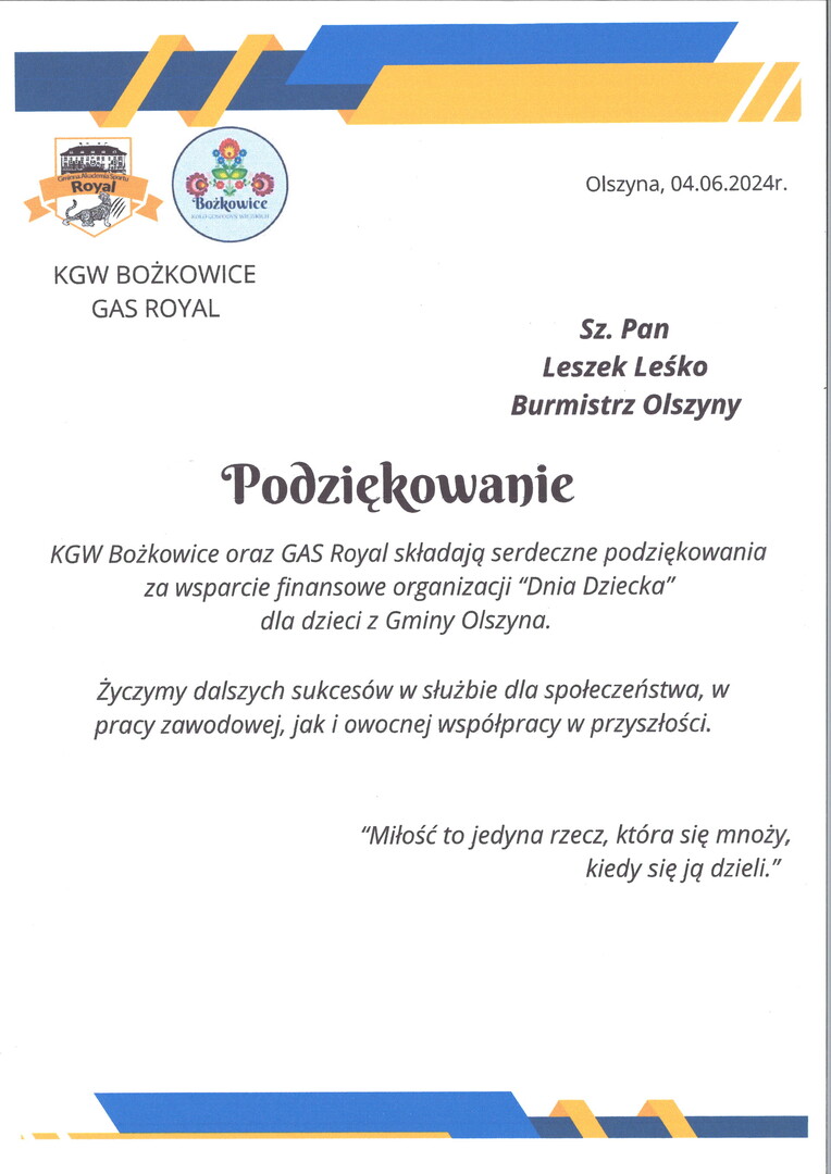 podziękowanie od KGW Bożkowice