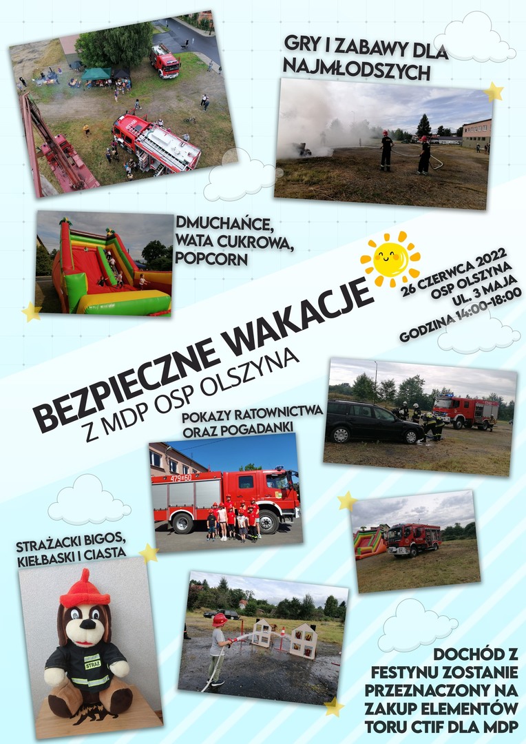 Plakat Festyn Bezpieczne Wakacje z MDP OSP Olszyna