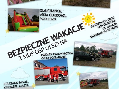 Plakat Festyn Bezpieczne Wakacje z MDP OSP Olszyna
