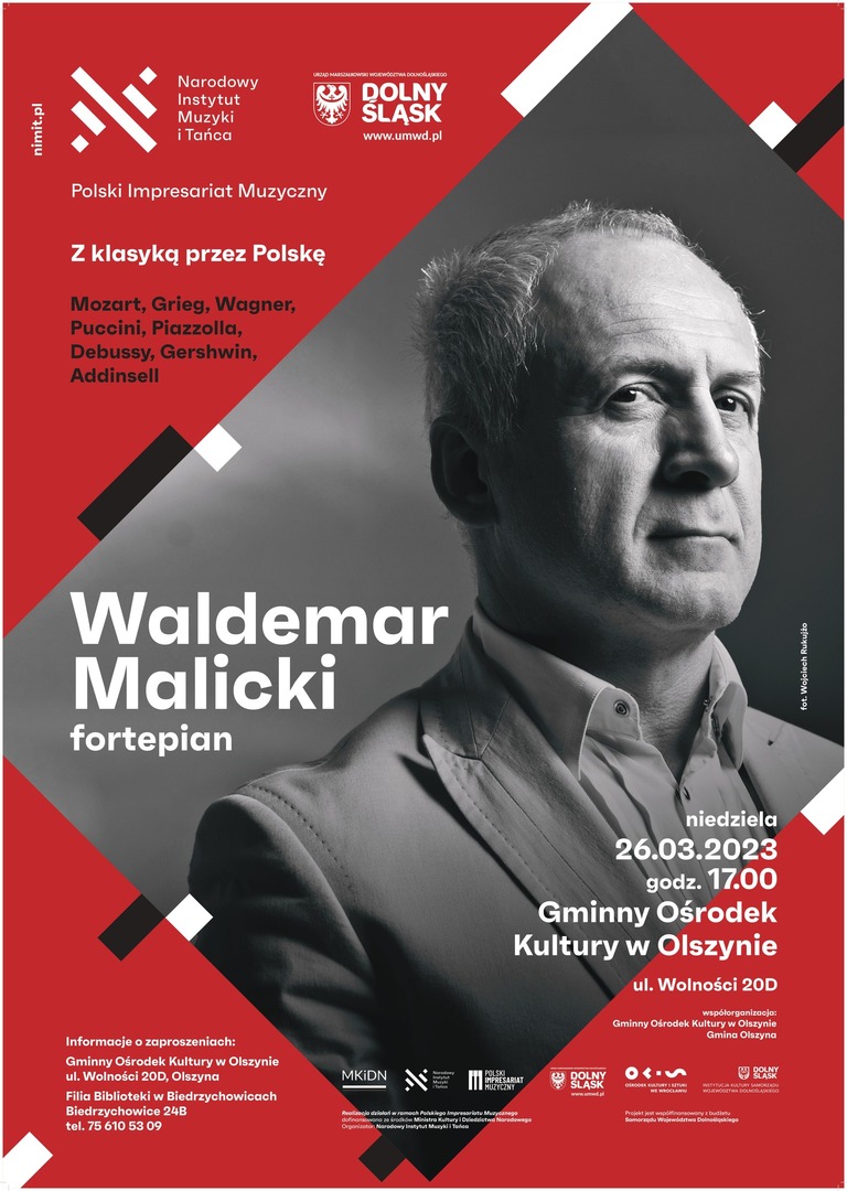 Plakat - Waldemar Malicki wystąpi 26 marca w olszyńskim Gminnym Ośrodku Kultury