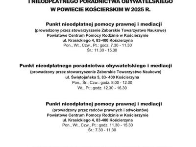 Punkty nieodpłatnej pomocy prawnej i nieodpłatnego poradnictwa obywatelskiego w Powiecie Kościerskim
