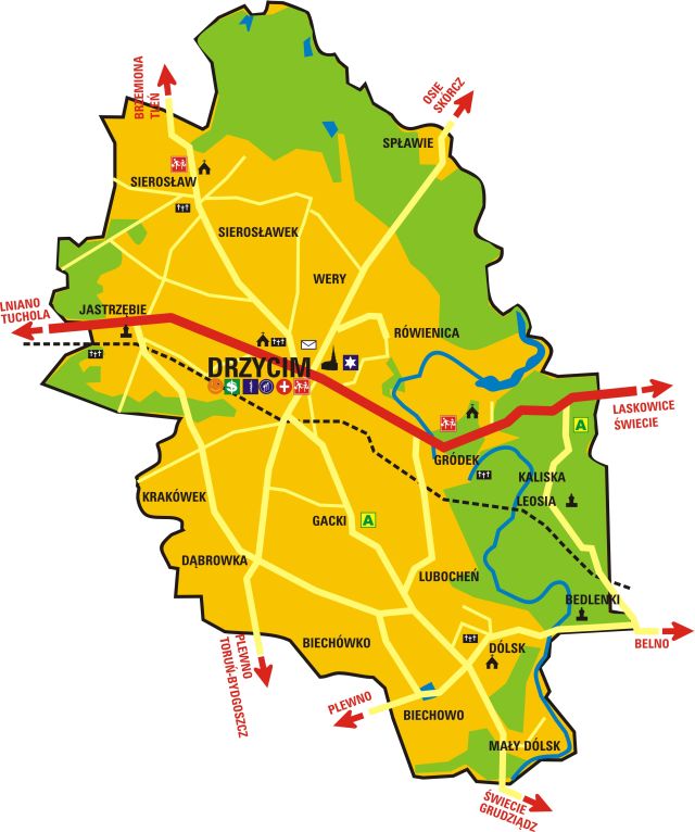 Mapa Gminy Drzycim przedstawia drogi miejscowości oraz ważniejsze punkty w gminie [640x766]