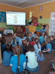 Grupa dzieci oglądająca prezentację nt. wody. Wewnątrz.