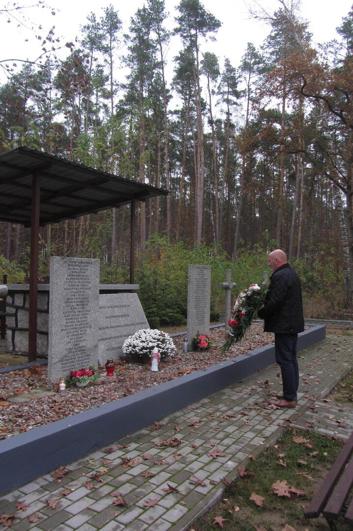 Zdjęcie przedstawia mogiłę zbiorową ogrodzoną płotem usytuowaną w lesie,