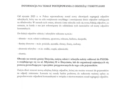 Informacja na temat postępowania z odzieżą i tekstyliami
