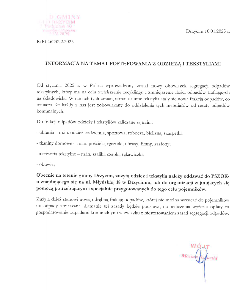 Informacja na temat postępowania z odzieżą i tekstyliami