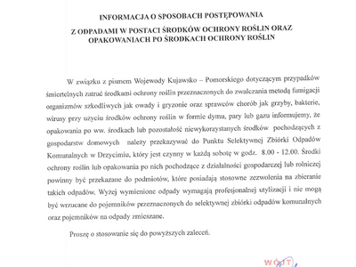 Informacja o sposobach postępowania z odpadami w postaci środków ochrony roślin oraz opakowaniach po środkach ochrony roślin