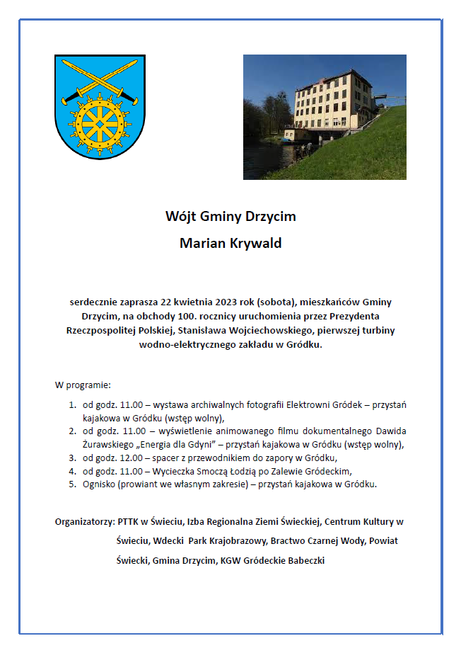 Plakat - Zaproszenie na obchody 100. rocznicy uruchomienia pierwszej turbiny w elektrowni w Gródku.