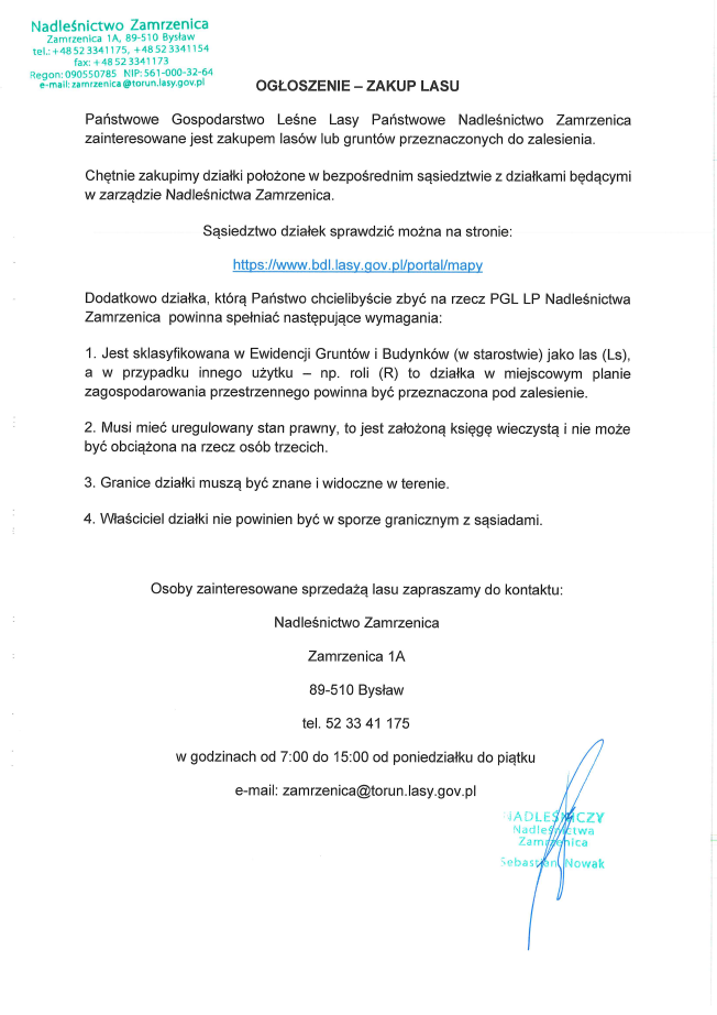 Komunikat Nadleśnictwa Zamrzenica