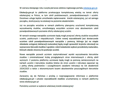 pismo Ministra Edukacji i Nauki