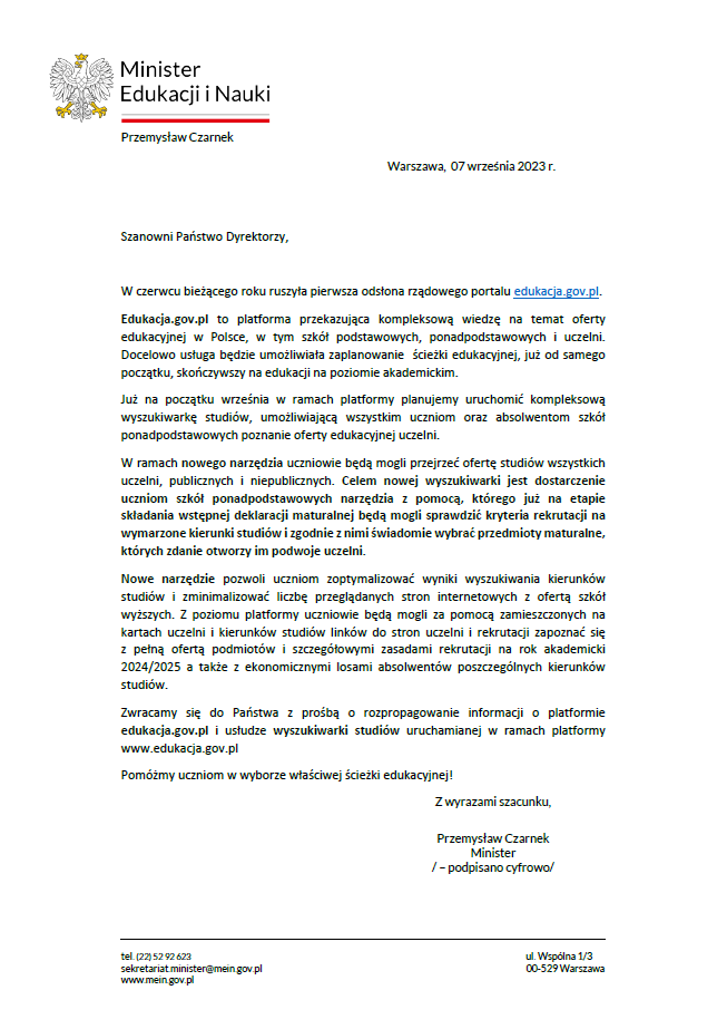 pismo Ministra Edukacji i Nauki