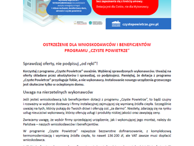 Ostrzeżenie dla wnioskodawców i beneficjentów programu Czyste Powietrze