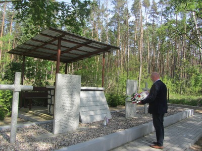 Mogiła zbiorowa żołnierzy Wojska Polskiego, drzewa, kwiaty, znicze
