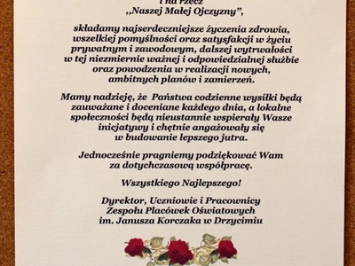 Życzenia z okazji Dnia Samorządowca od Dyrekcji, Uczniów i Pracowników Zespołu Placówek Oświatowych im. Janusza Korczaka w Drzycimiu.
