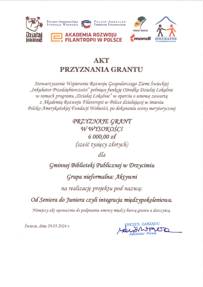 Grant dla Biblioteki Publicznej w Drzycimiu