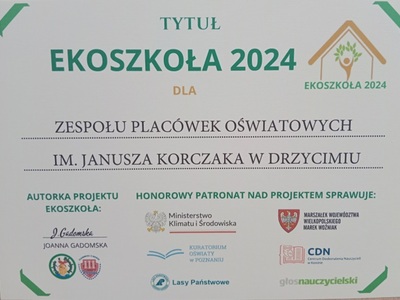 Dylom z tytułem EKOSZKOŁA 2024.
