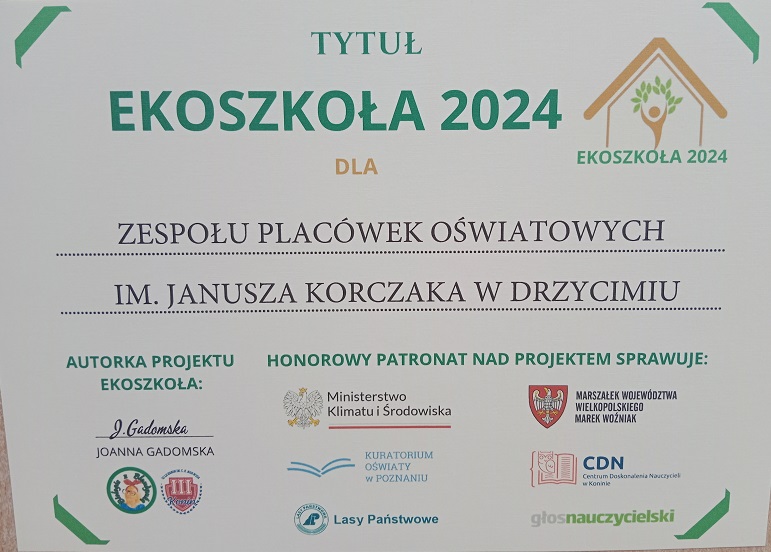 Dylom z tytułem EKOSZKOŁA 2024.