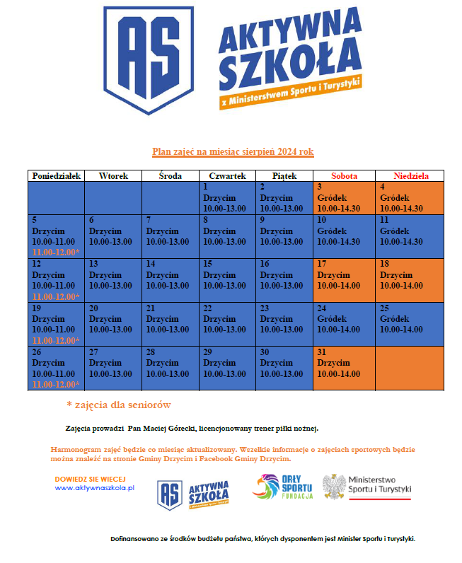 Harmonogram Zajęć Aktywna Szkoła - Aktywny Orlik