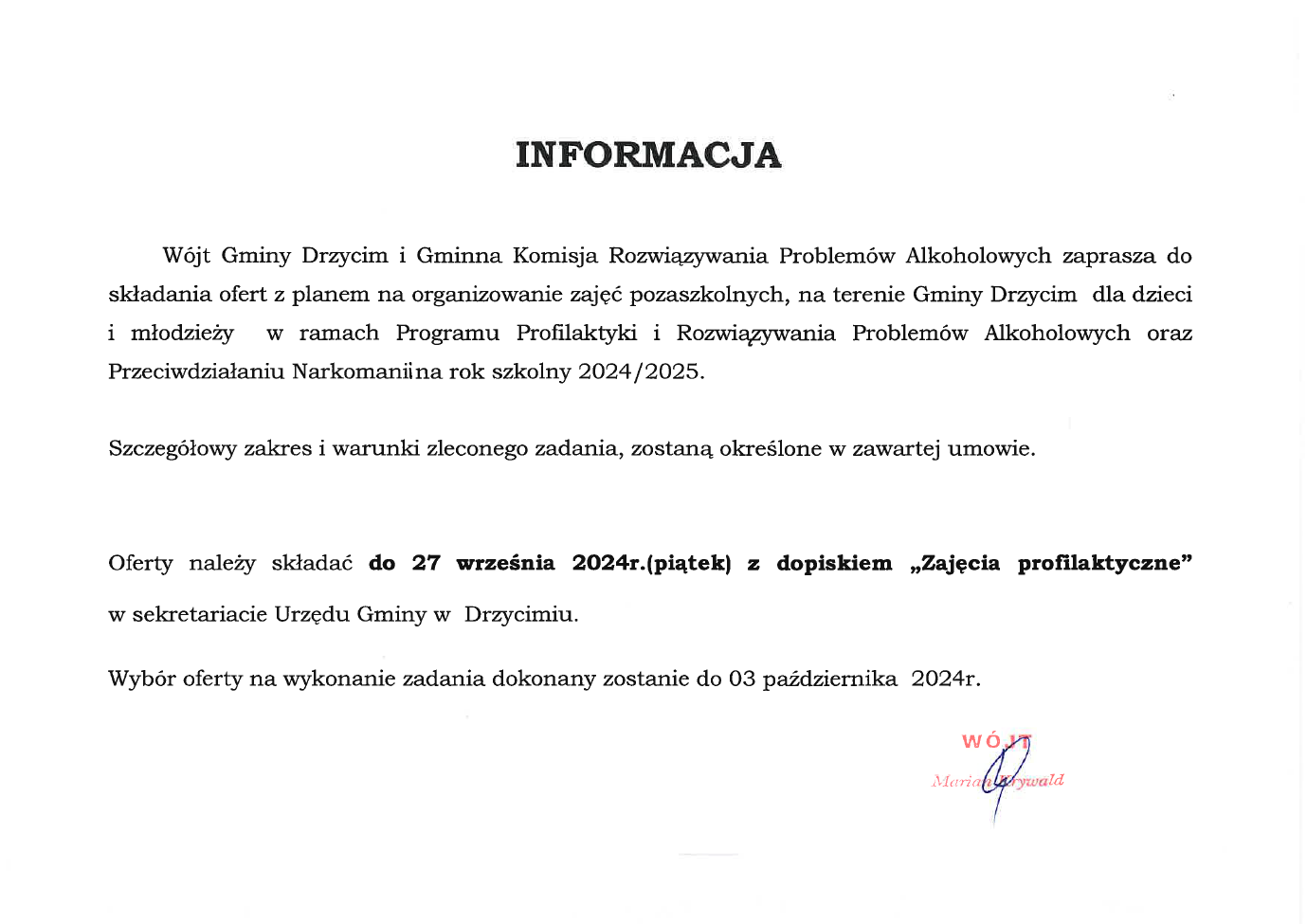 Zaproszenie do składania ofert na pozaszkolne "Zajęcia profilaktyczne"