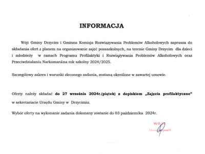 Zaproszenie do składania ofert na pozaszkolne "Zajęcia profilaktyczne"