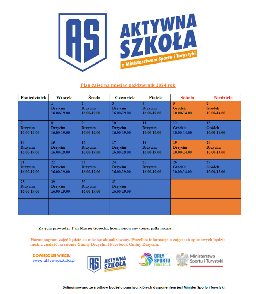 Plan zajęć orlik październik