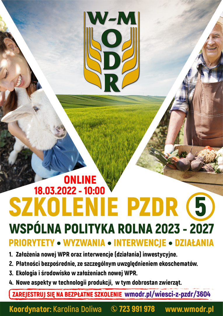 Plakat informujący o szkoleniu online dotyczący Wspólnej Polityki Rolnej w latach 2023-2027 