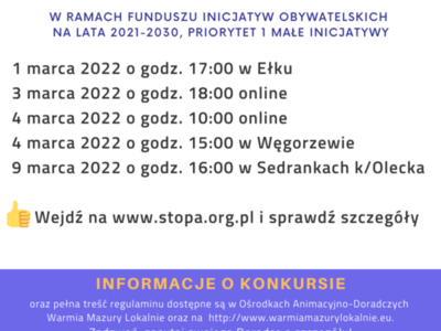Plakat informujący o spotkaniach szkoleniowo-informacyjnych dotyczących Nowe FIO Warmia Mazury Lokalnie 5 w 2022 roku. 