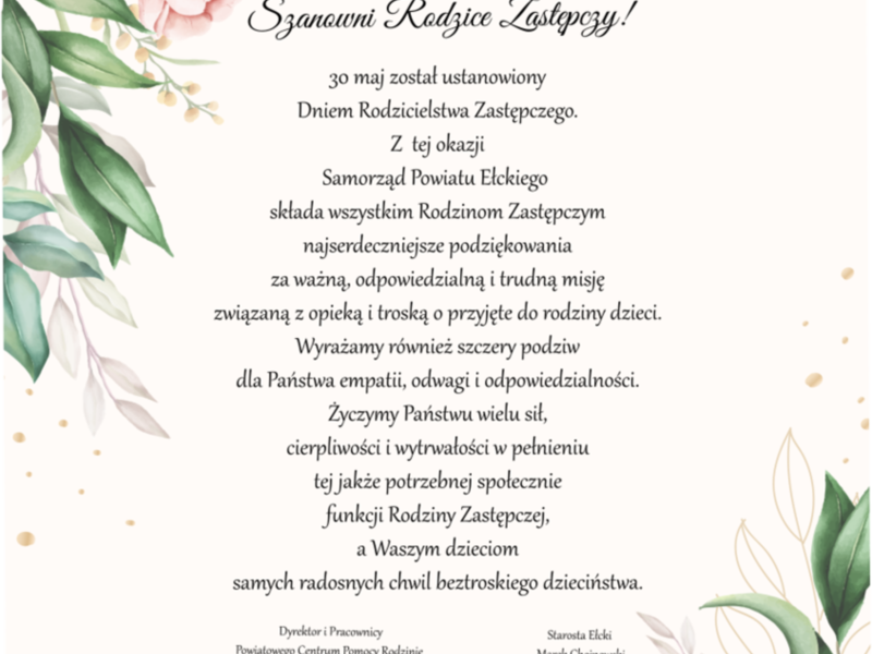 Życzenia z okazji Dnia Rodzicielstwa Zastępczego