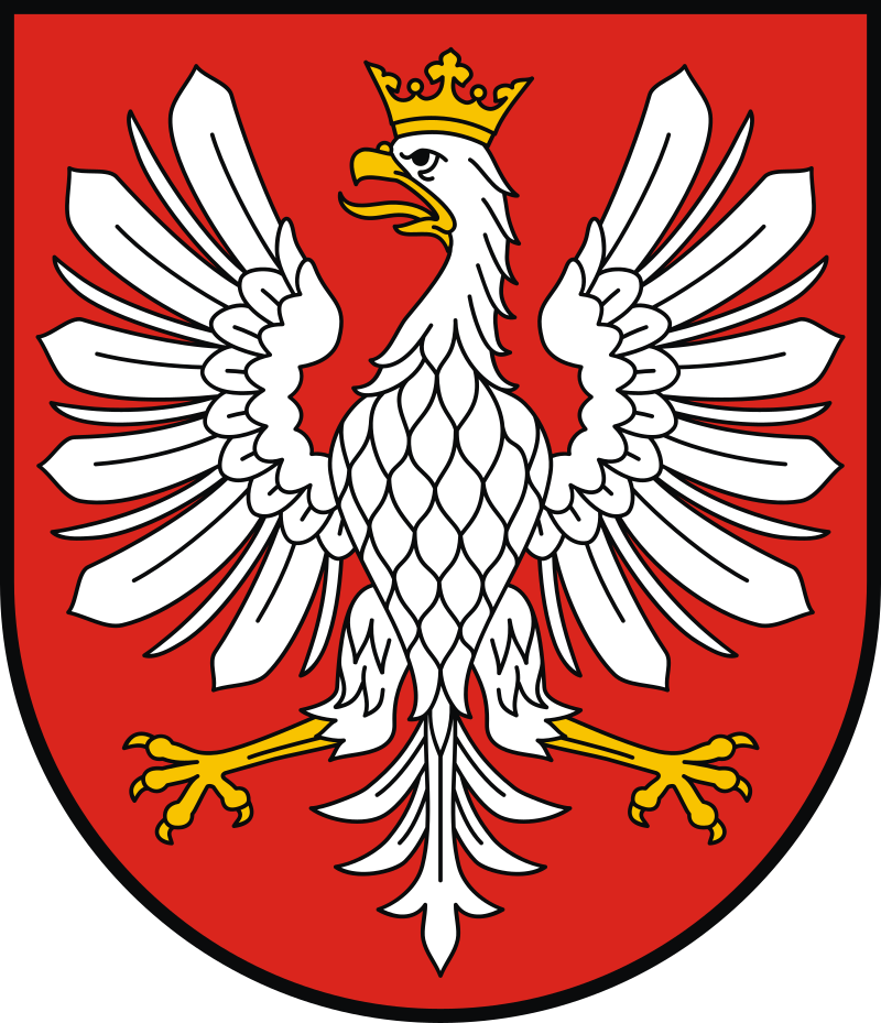 Herb Sandomierza. Biały orzeł ze złotym dziobem, językiem, nogami i koroną na czerwonym tle w tarczy z czarnym otokiem