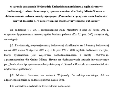Dodatkowy milion złotych na realizację inwestycji w Sławnie
