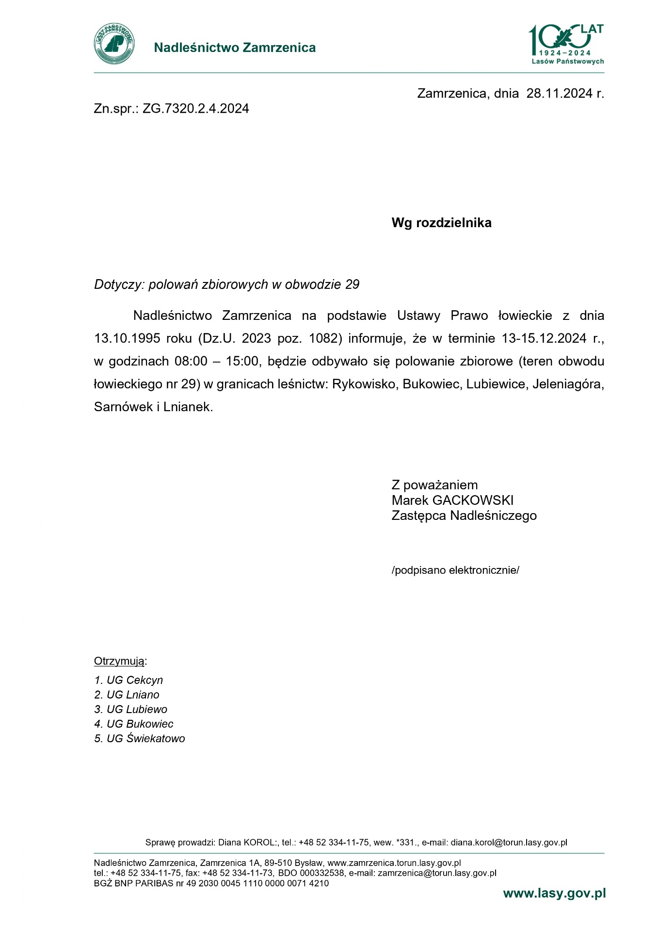 Polowanie zbiorowe w terminie 13-15.12.2024 r., w godzinach 08:00 – 15:00