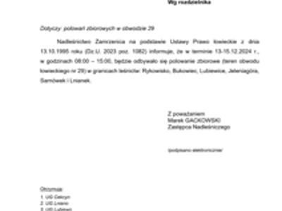 Polowanie zbiorowe w terminie 13-15.12.2024 r., w godzinach 08:00 – 15:00