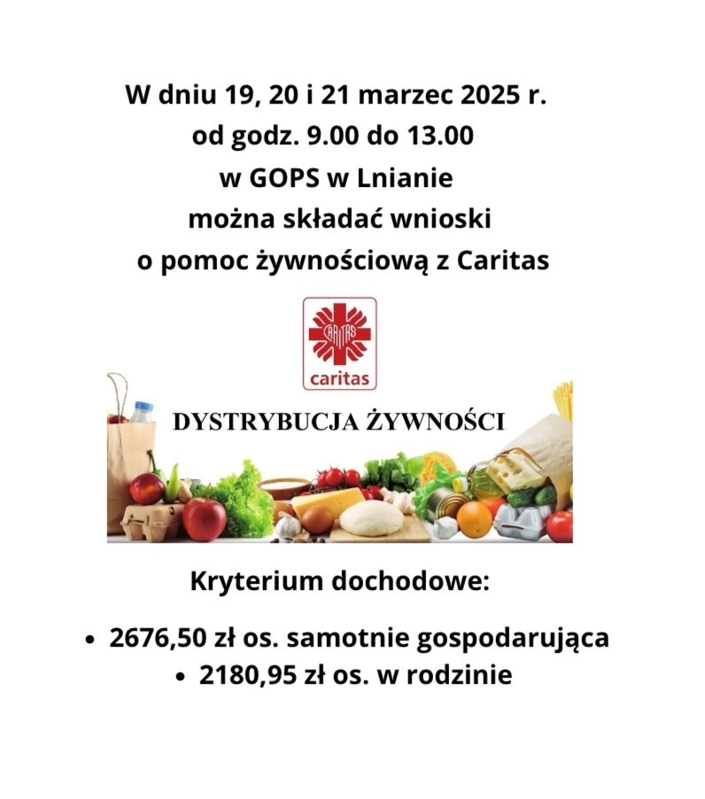 Wnioski o pomoc żywnościową z Caritas w dniu 19, 20 i 21 marzec 2025 r.