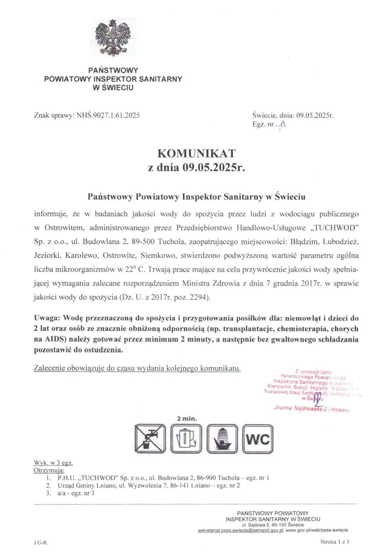 KOMUNIKAT - podwyższona wartość parametru ogólna liczba mikroorganizmów w 22°C