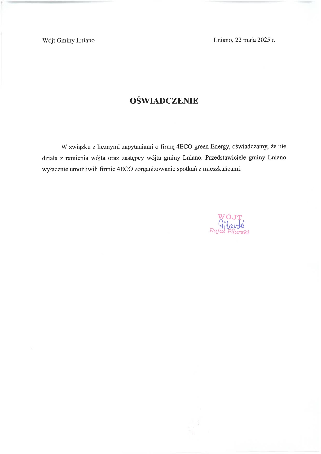 Oświadczenie - firma 4ECO green Energy