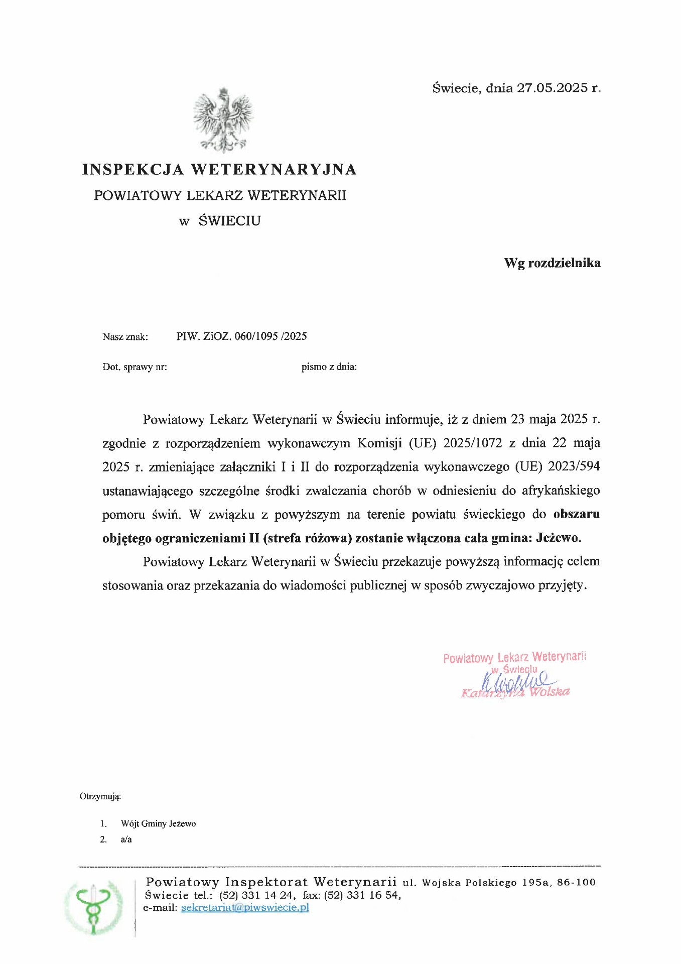 Afrykański pomór świń - Jeżewo objęte ograniczeniami II (strefa różowa)