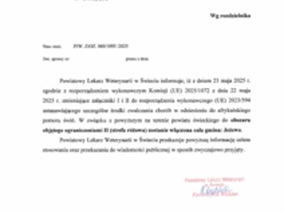 Afrykański pomór świń - Jeżewo objęte ograniczeniami II (strefa różowa)
