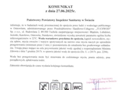Komunikat Państwowego Powiatowego Inspektora Sanitarnego w Świeciu w sprawie badań wody przeznaczonej do spożycia przez ludzi z wodociągu publicznego w Ostrowitem