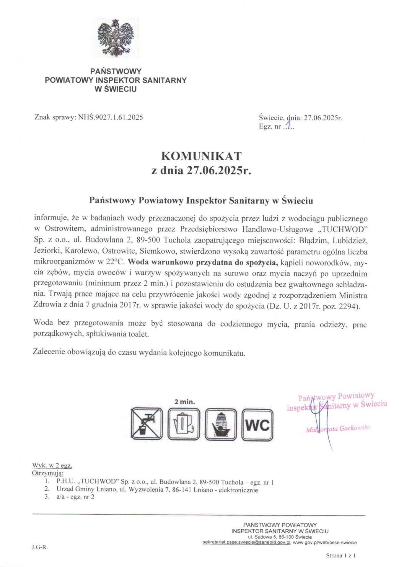 Komunikat Państwowego Powiatowego Inspektora Sanitarnego w Świeciu w sprawie badań wody przeznaczonej do spożycia przez ludzi z wodociągu publicznego w Ostrowitem