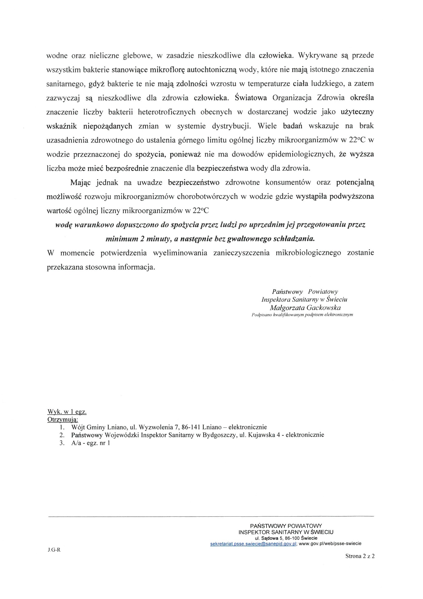 Komunikat Państwowego Powiatowego Inspektora Sanitarnego w Świeciu w sprawie badań wody przeznaczonej do spożycia przez ludzi z wodociągu publicznego w Ostrowitem