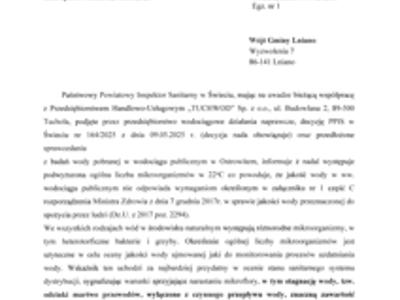 Komunikat Państwowego Powiatowego Inspektora Sanitarnego w Świeciu w sprawie badań wody przeznaczonej do spożycia przez ludzi z wodociągu publicznego w Ostrowitem