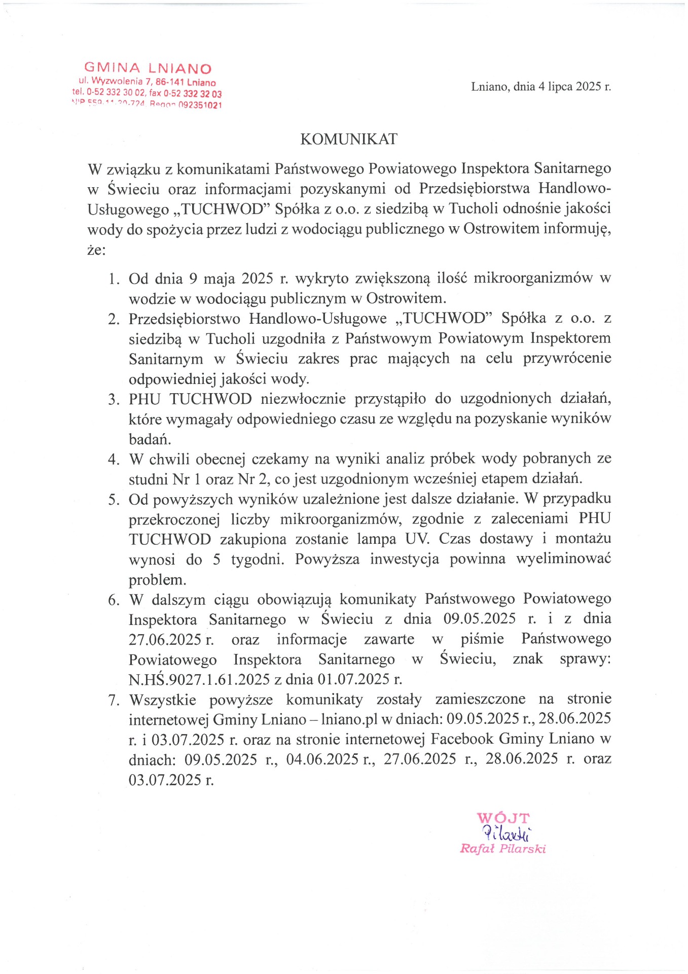 Komunikat w sprawie badań wody przeznaczonej do spożycia przez ludzi zx wodociągu publicznego w Ostrowitem