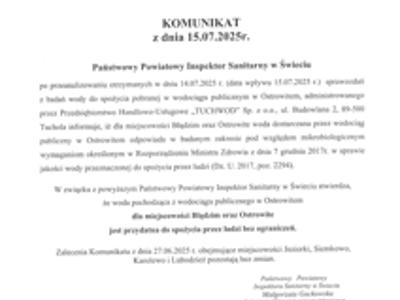 Komunikat w sprawie czystości wody z wodociągu publicznego w Ostrowitem