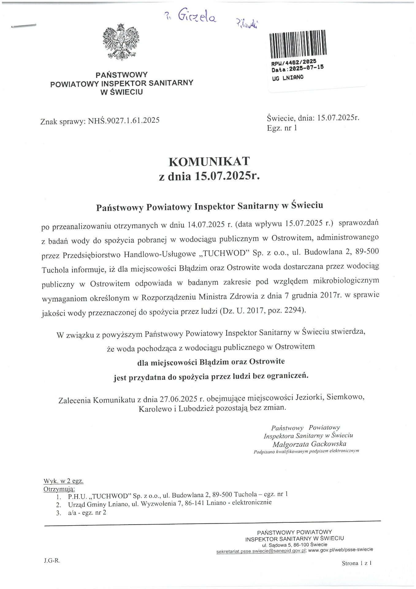 Komunikat w sprawie czystości wody z wodociągu publicznego w Ostrowitem