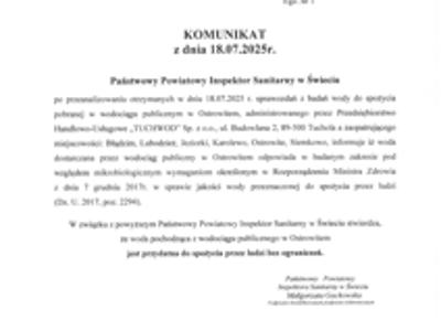 Komunikat w sprawie czystości wody z wodociągu publicznego w Ostrowitem
