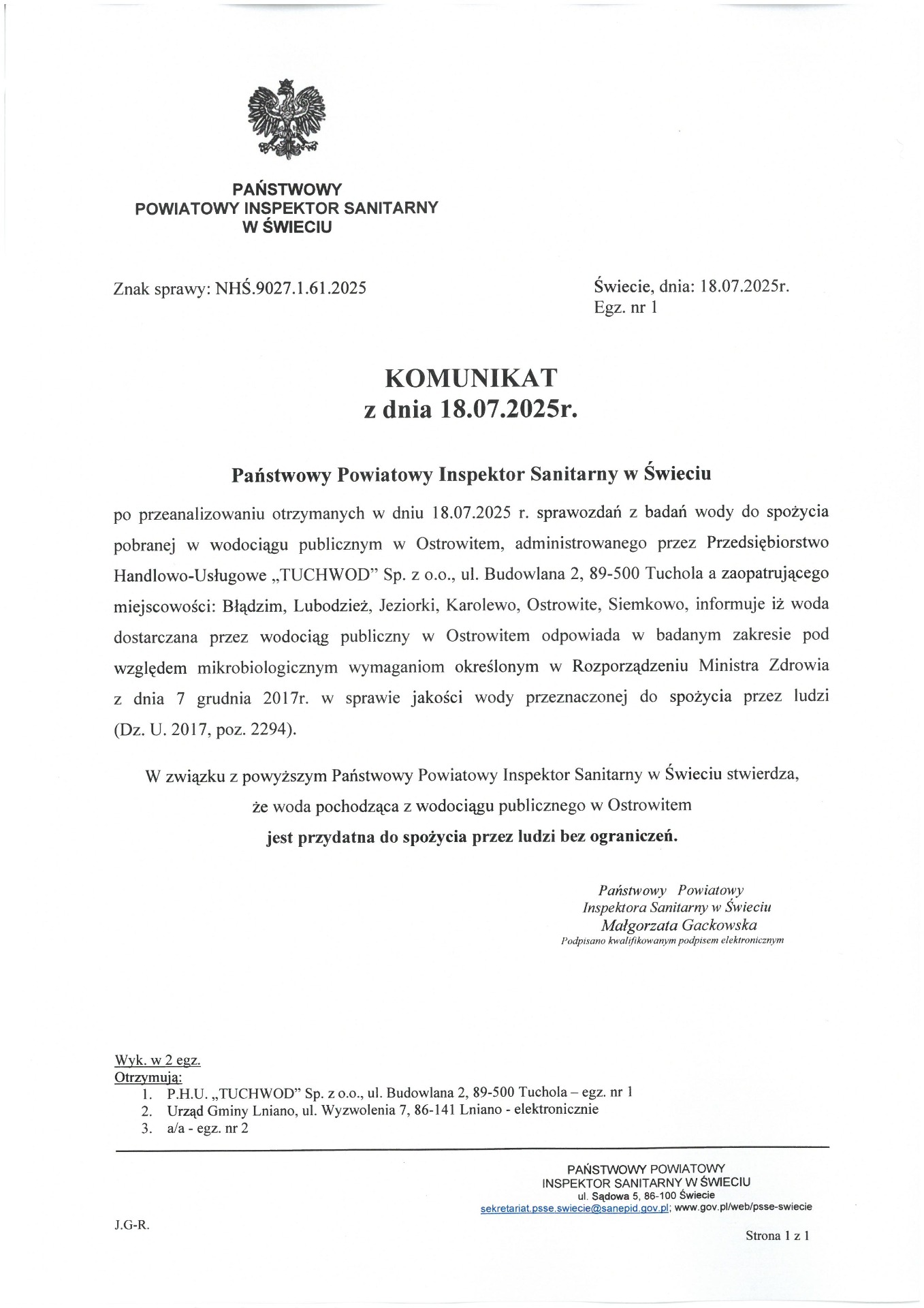 Komunikat w sprawie czystości wody z wodociągu publicznego w Ostrowitem